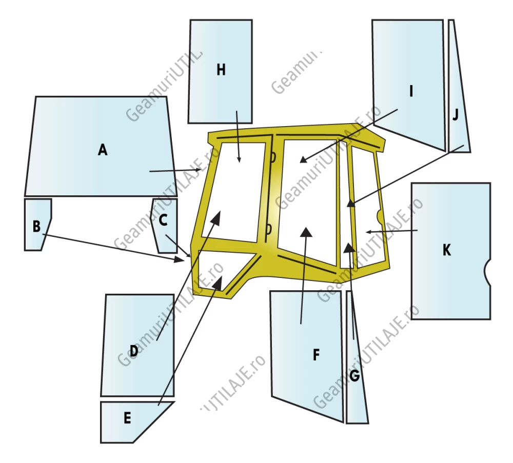 Geam utilaj JCB/ Parbriz utilaj JCB 2CX AIRMASTER (BONDED GLASS VERSION)